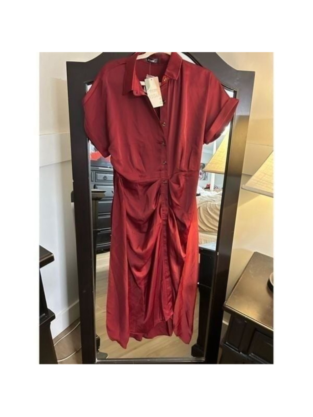 NEW Ruched Button Up Shirt Long Dress Satin M - Picture 3 of 5